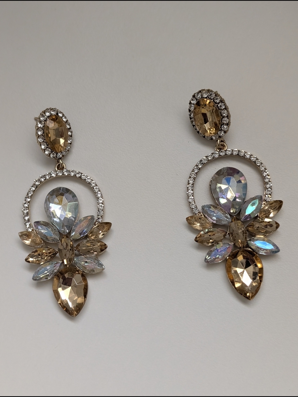 Crystal Drop Earrings in Champagne and Iridescent Stones